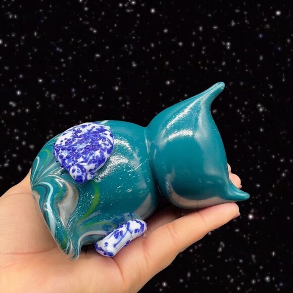 Art Glass Owl Figurine Paperweight Pulled Feather Glass Cased Bird Blue Fritz - Picture 9 of 14